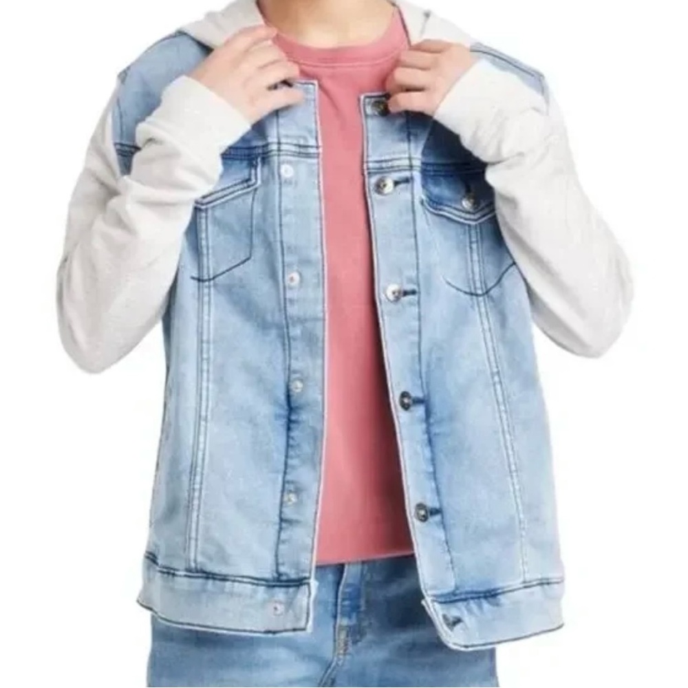 Art Class Kids Jean Button up Jacket W/ Gray Sweatshirt Material Sleeves & Hood